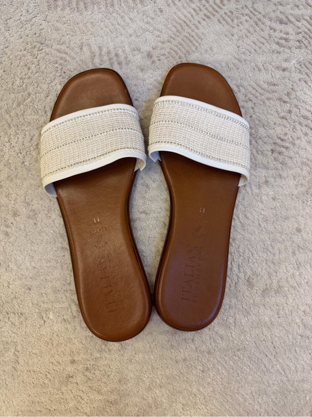 Italian Shoemakers White Brown Slide Sandals Woven Detail